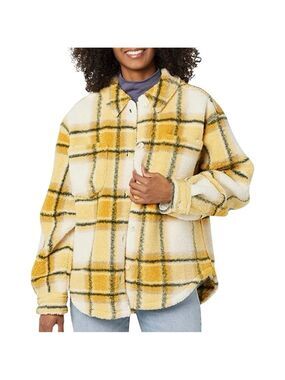 Sincerely Jules for Bandier Aspen Sherpa Jacket Button Up Shacket Amber Plaid